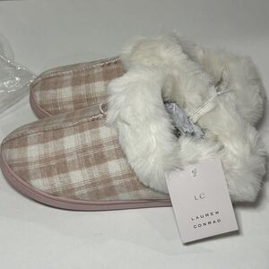 LAUREN CONRAD Womens Faux Fur BUFFALO PLAID SLIPPERS Pink White Size Large 8-9